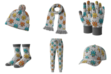 Hat, scarf, gloves, socks, pants, a cap with a print with painted robots. Transparent background. Isolated.