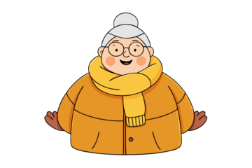 Photo of happy elderly woman wearing a yellow scarf and coat isolated on transparent background