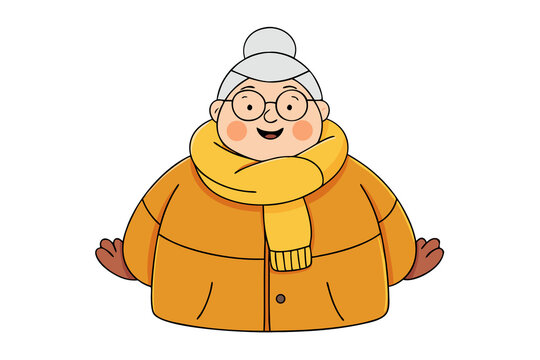 Photo of happy elderly woman wearing a yellow scarf and coat isolated on transparent background