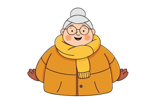 Photo of happy elderly woman wearing a yellow scarf and coat isolated on transparent background