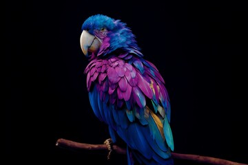 Vibrant, multicolored parrot perched on a branch against a dark background.