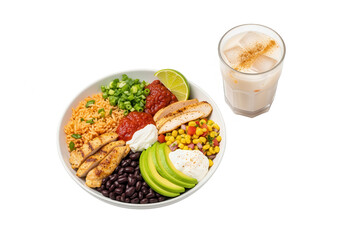 Colorful Chicken Burrito Bowl with Mexican Rice and Iced Horchata