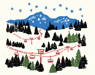 Ski Resort Mountain Landscape - Hand Drawn Winter Cable Car and Pine Trees Vector Illustration