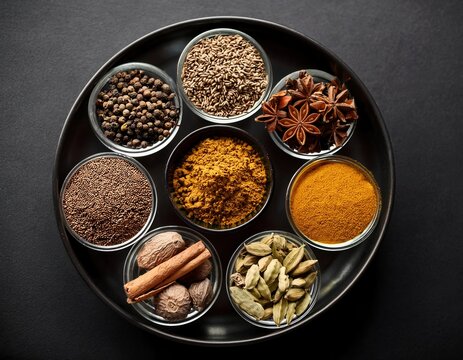 Indian traditional food ingredients showcased on black backdrop