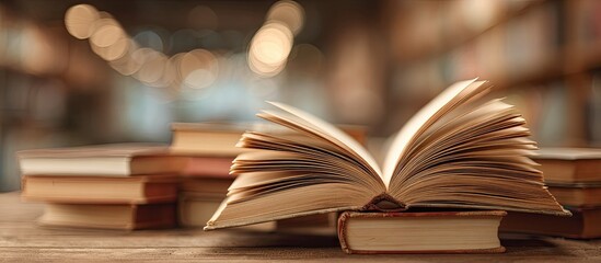 Obraz premium Open book on a wooden table in a library