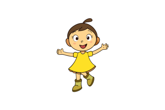 Photo of happy cartoon girl with arms open wide, isolated on transparent background