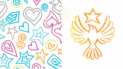 Fototapeta premium Illustration showing a pattern of hearts and stars with a bird and star on the right side design