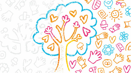 Fototapeta premium Colorful crayon drawing of a tree with heart shaped leaves and hand drawings on a white background