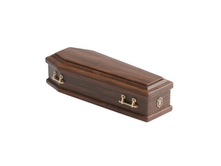 Small Wooden Casket with Gold Handles on White Background