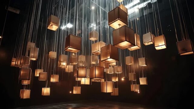Warm glowing cube-shaped pendant lights suspended from ceiling in a dark room, creating a cozy and artistic atmosphere.