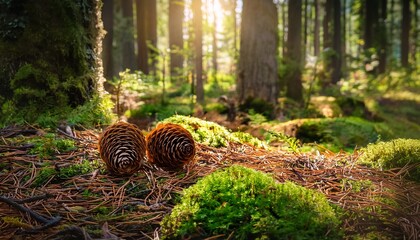 exploring a forest floor covered with pine cones and greenery