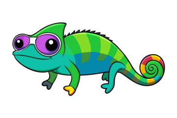 Photo of colorful cartoon chameleon with sunglasses, isolated on transparent background
