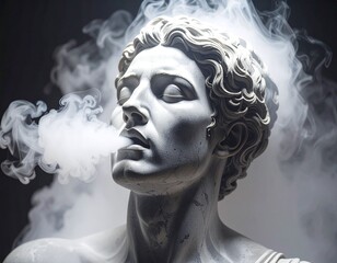 A marble statue of a man exhaling white smoke against a dark background, creating a surreal and artistic effect.