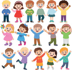 Diverse, happy, cartoon children, multicultural kids, playful group, smiling faces, colorful outfits, joyful expressions, inclusive illustration, cheerful crowd, fun pose, white