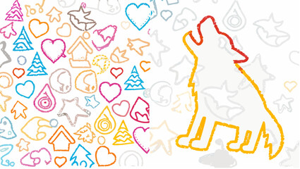 Obraz premium Illustration featuring a howling wolf outline alongside various festive and nature themed doodles artfully arranged