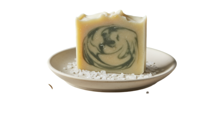 Artisanal soap bar a moment of luxury for your skin on a small cream dish with white crystals dark
