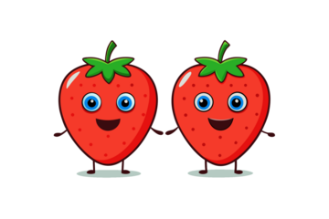 Photo of cute cartoon strawberries smiling and holding hands, isolated on transparent background