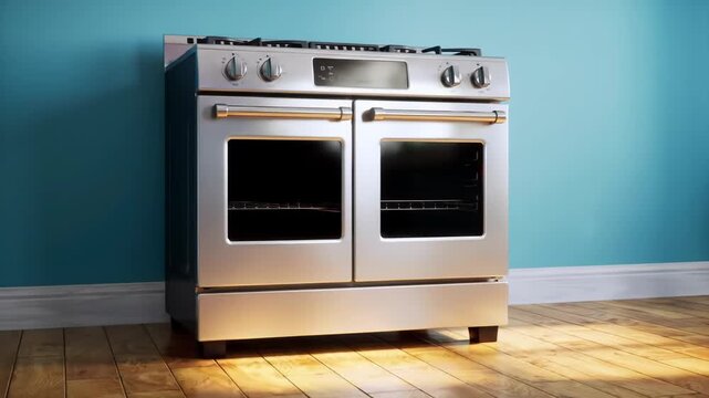 A stainless steel range with dual ovens and a stovetop, set against a turquoise wall. The wood floor adds warmth