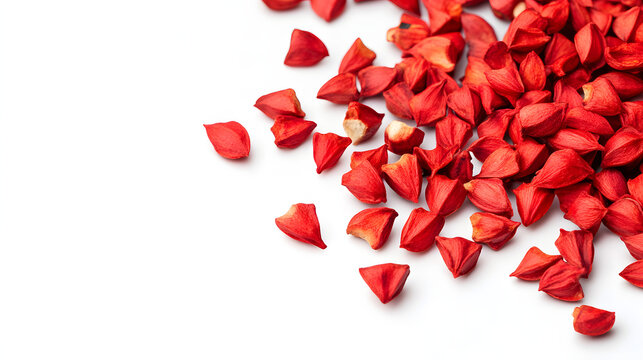 A collection of whole annato seeds in bright red scatered across a white backgound, showing their vivid olor and unique irregular hapes.