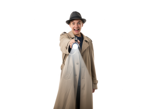 Excited Detective with Flashlight: Mystery on White