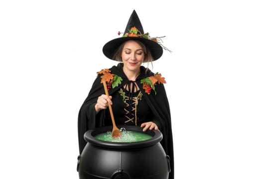 Witch Stirring Cauldron on White: Halloween Magic