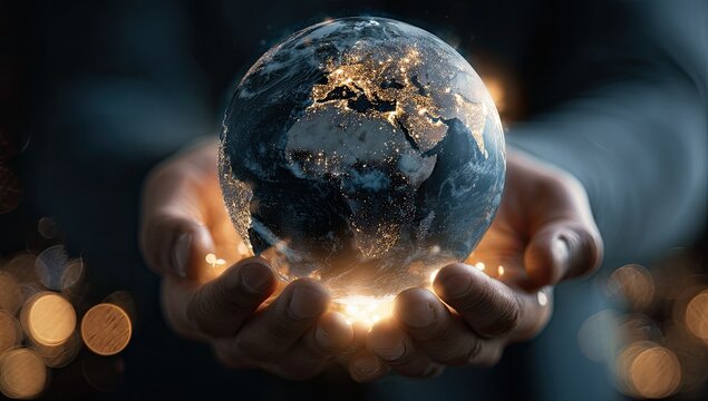 Glowing earth cradled in dark hands, illuminated by soft, out-of-focus lights