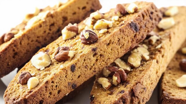 Freshly baked bread sliced and served with crunchy nuts on a clean white plate, ideal for breakfast or snack