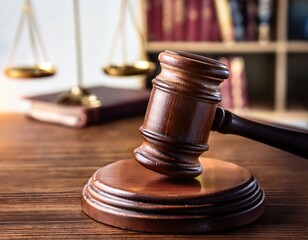 Legal concept featuring judges gavel on polished wood surface