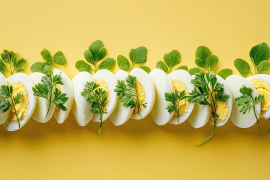 Sliced hard-boiled eggs and fresh herbs arranged in a horizontal line against a yellow background, creating a vibrant and appetizing food image