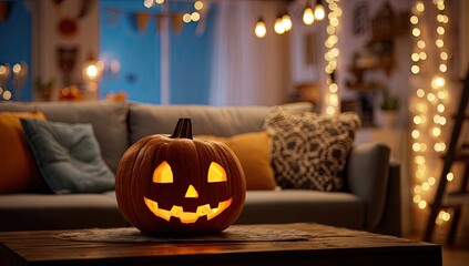 Cozy Halloween Living Room Scene with Glowing Jack O Lantern on Table.