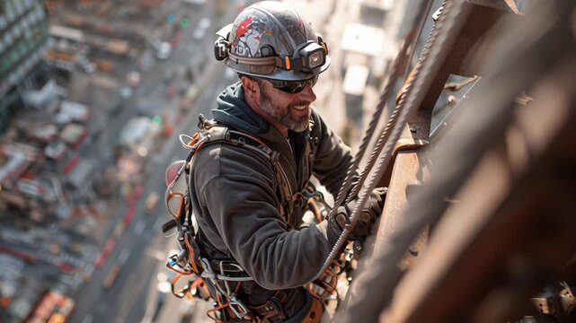 Construction worker performing maintenance on skyscraper