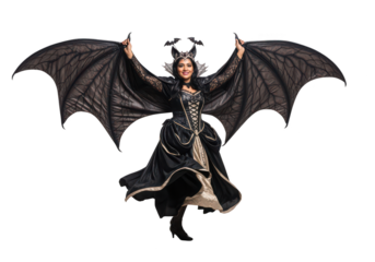 Woman in Bat Queen Halloween Costume with Wings on White