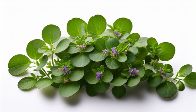 bacopa monnieri an ayurvedic herb is seen cut out and isolated against a stark white backdrop presented in an art scale composition