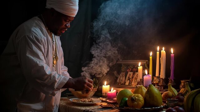 Babalawo preparing a ritual offering