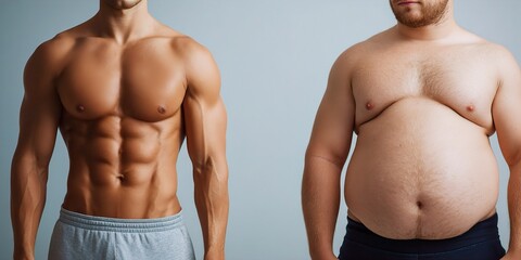 Side-by-side Visual Comparison of Male Body Physiques a Toned, Muscular Man with Sculpted Abs Juxtaposed with an Overweight, Obese Man with a Large Stomach.