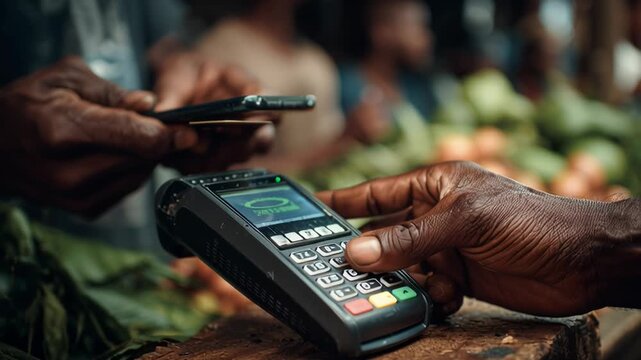 Customer paying with nfc technology on pos terminal