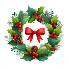 Beautiful wreath adorned with holly and pinecones
