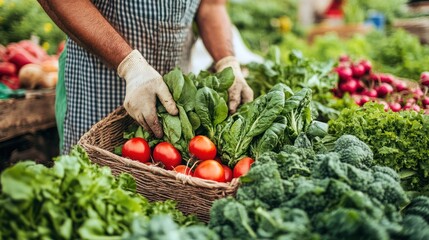 Fototapeta premium Fresh Harvest: Farmer Arranging Organic Vegetables in Woven Basket at Market Stall