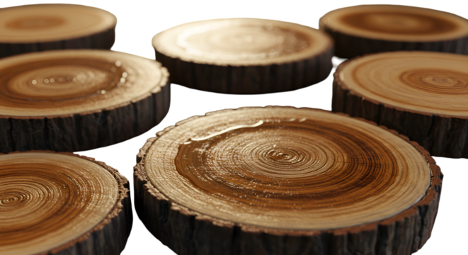Glistening wood slices revealing nature s artistry on a stark backdrop with intricate circle