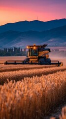 Fototapeta premium Agriculture Machinery: Combine Harvest Wheat at Sunset
