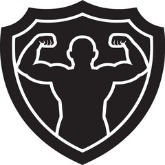 Black silhouette of muscular man flexing arms inside shield shape with white outline on white background