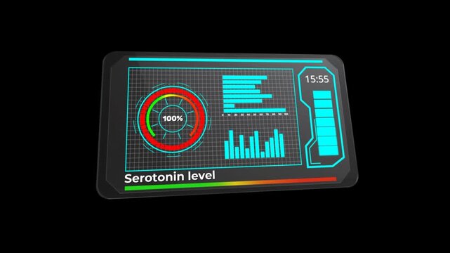 Futuristic 3D HUD animation of serotonin level with digital indicators on transparent background. Perfect for psychology, wellness, neuroscience, and medical visuals.