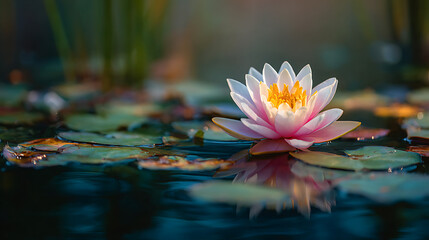 close up elegant water lily bloom on tranquil pond serene environment nature photography showcasing aquatic flower reflection botanical beauty and peaceful natural scenery