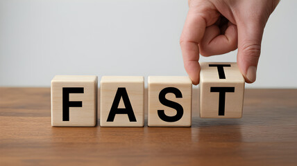 Naklejka premium Business Concept Of Fast With Wooden Blocks Representing Speed Quickness Efficiency Agility And Rapid Action