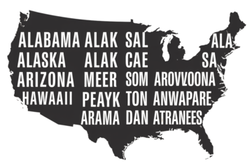 United States Map with State Names in Stylized Text