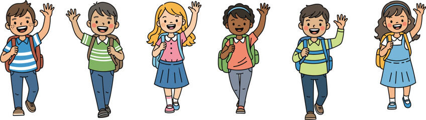 Cartoon children with backpacks waving, diverse school kids, cheerful students, back to school, education theme, childhood illustration, vector character set