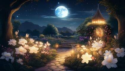 a dreamy garden glowing under moonlight with blooming moonflowers and night blooming gardenia flowers releasing scent