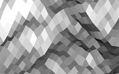 An abstract, geometric pattern in black, white, and various shades of gray, a three-dimensional landscape or surface created from a mosaic of diamonds or rhombuses, overall effect is a stylized.
