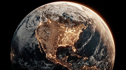 A view of the Earth at night with the lights of cities and towns visible.