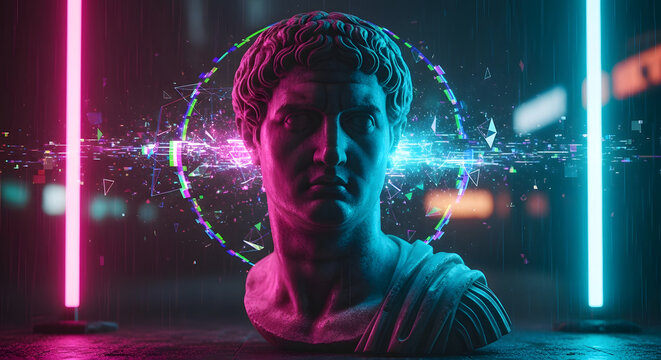 A classical bust bathed in vibrant neon pink and blue light, surrounded by a swirling digital data halo and futuristic glitch effects.